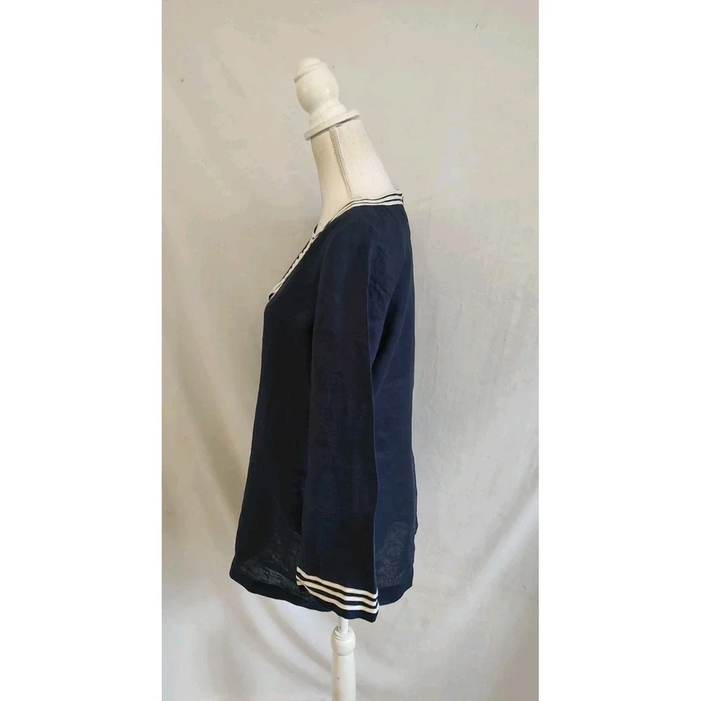 Michael Kors Linen Tunic Top Navy Blue & White Trim Nautical Indian Classic Sz M